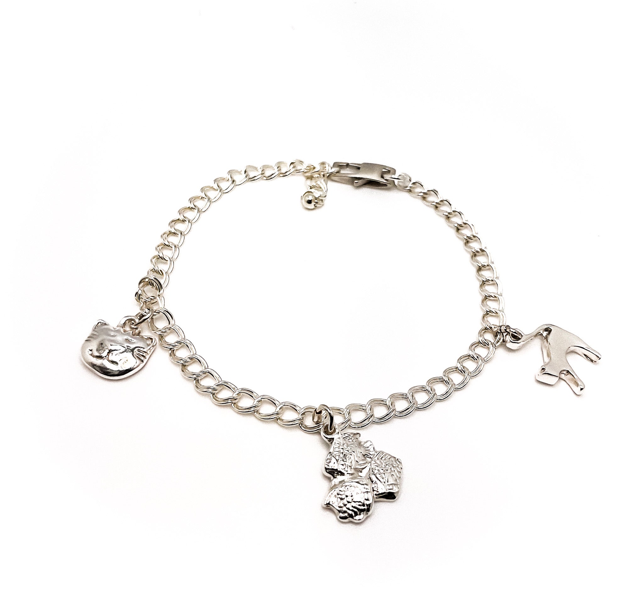 Gone Fishing Sterling Silver Charm Bracelet Cat Charms 61/2 inch